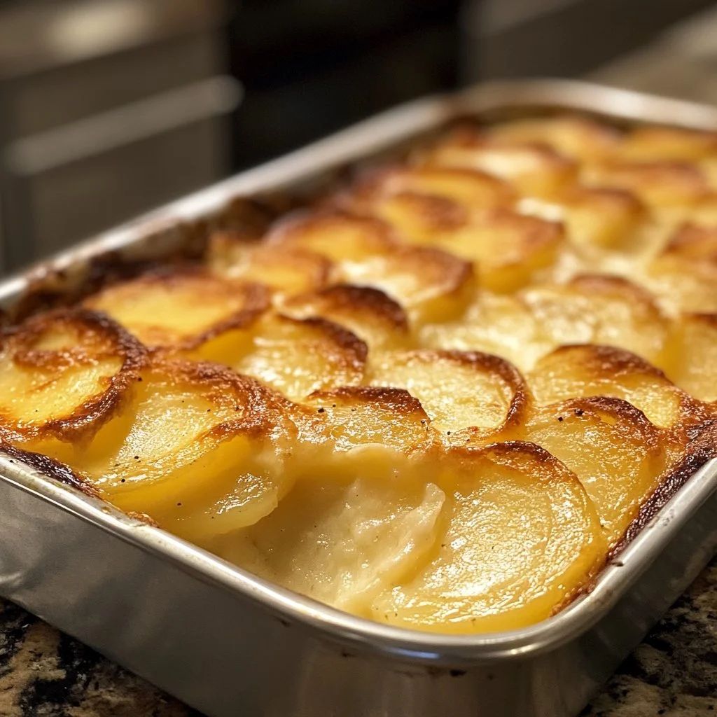 Plato de Papas Au Gratin cremosas y doradas, ideal para acompañar tus comidas.