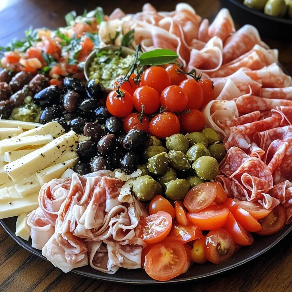 Plato de antipasto colorido con embutidos, quesos y vegetales frescos.