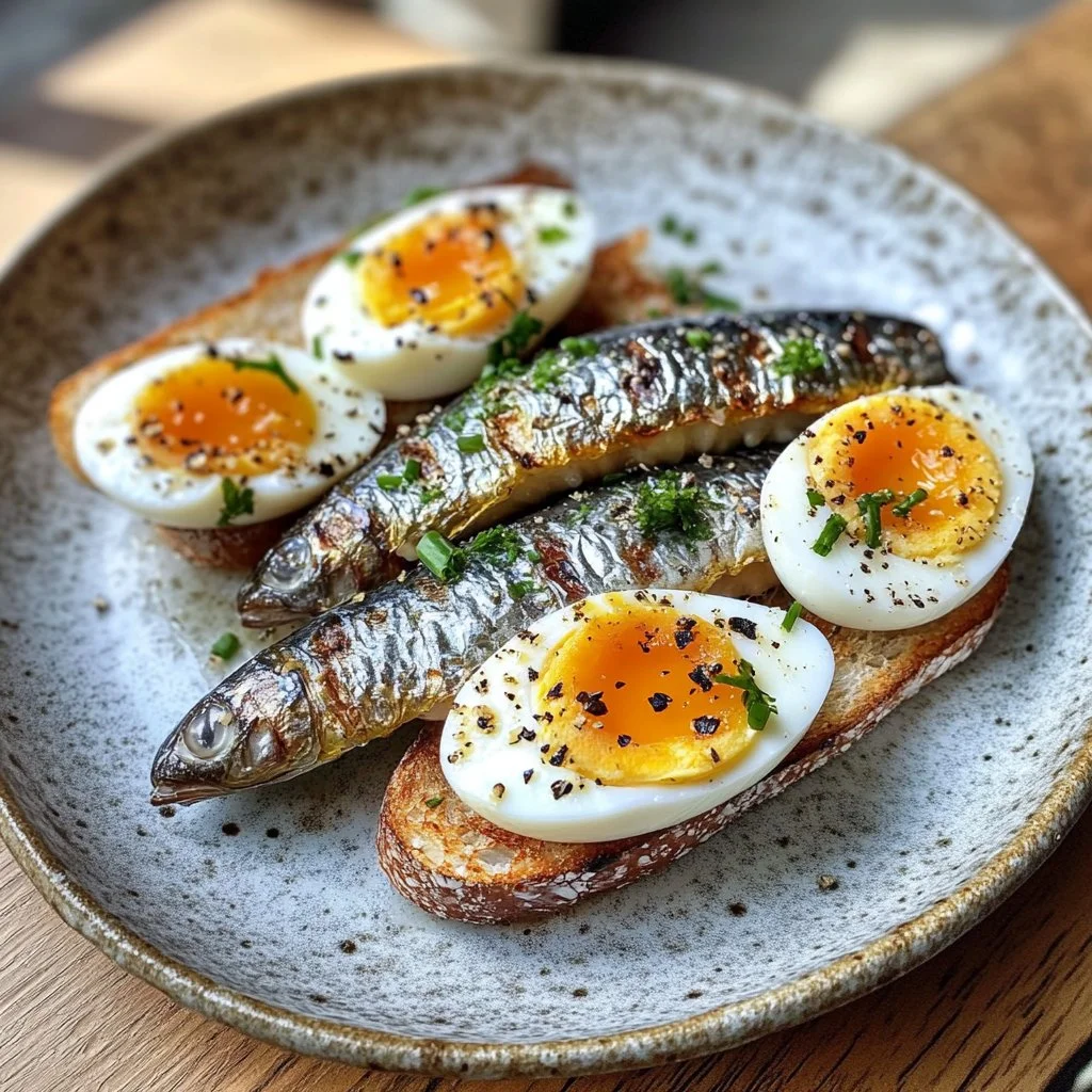 Receta de sardinas y huevos servidas en un plato