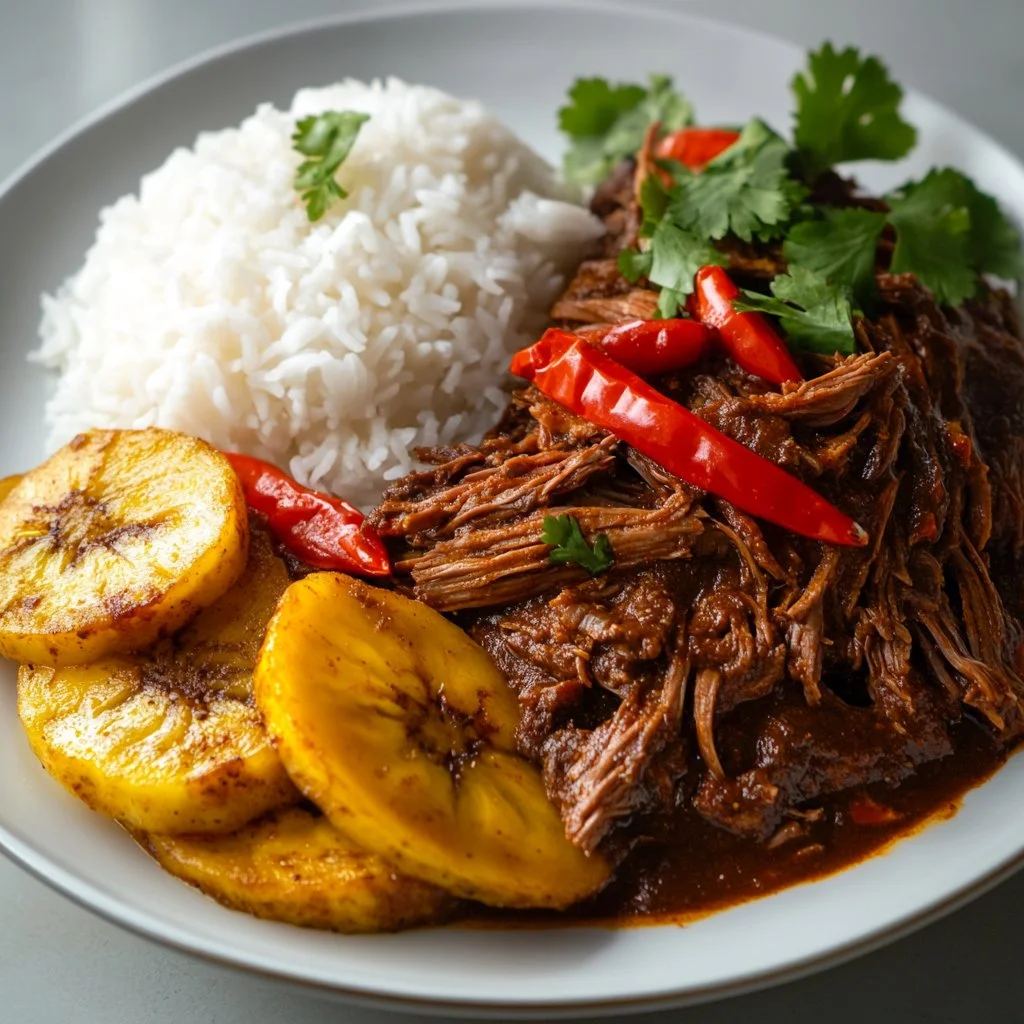Plato de ropa vieja cocida lentamente en olla, con carne desmenuzada y especias
