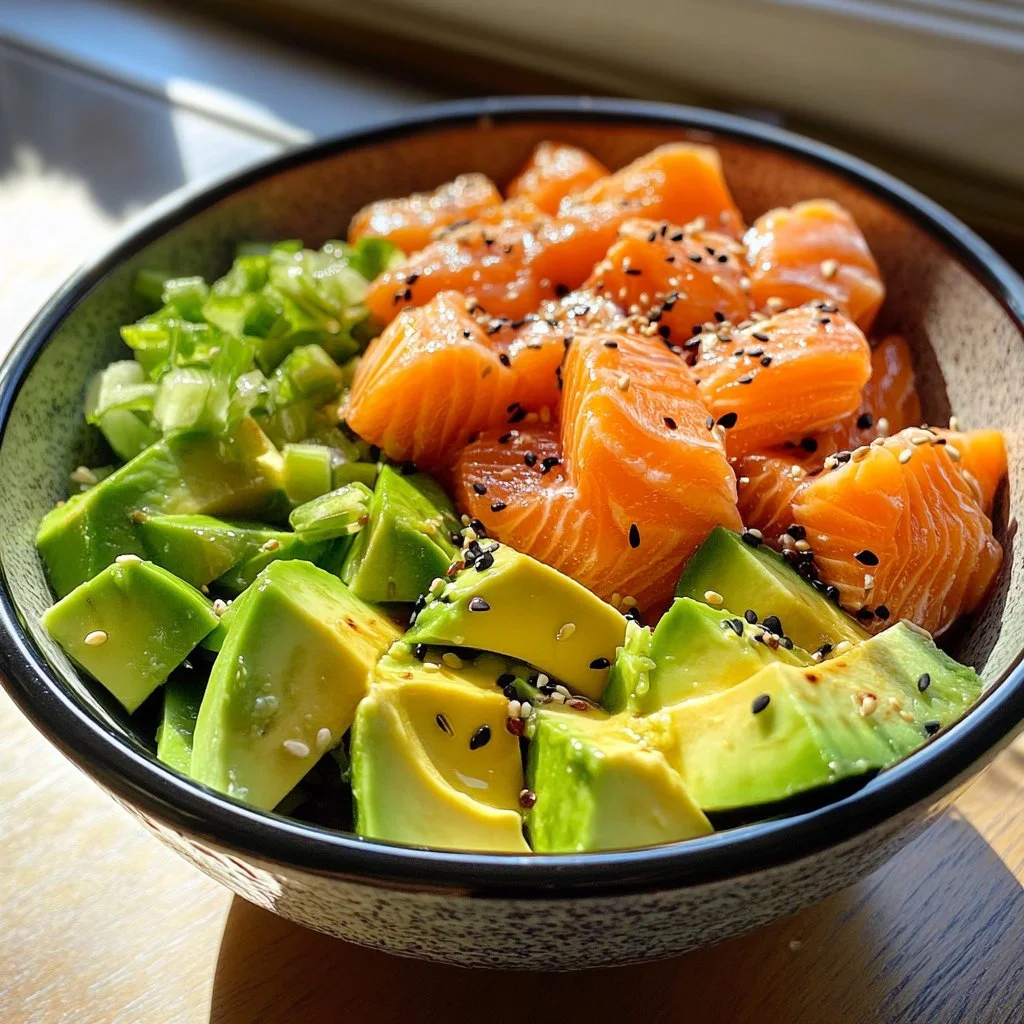 Salmon and Avocado Poke Bowl garnished with fresh ingredients