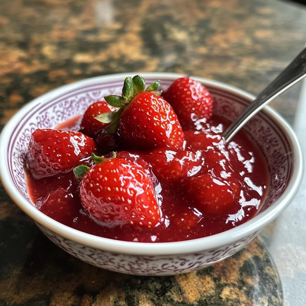 Salsa de Fresa fresca y deliciosa en un frasco de cristal