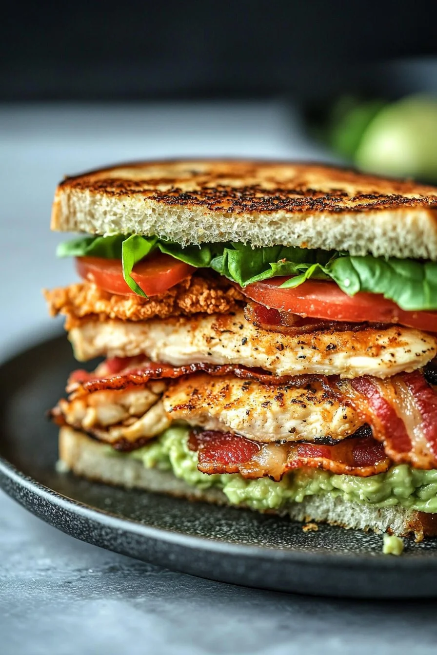 Sándwich Club de Pollo Cargado Supremo con Tocino Crujiente y Salsa de Aguacate Ranjera