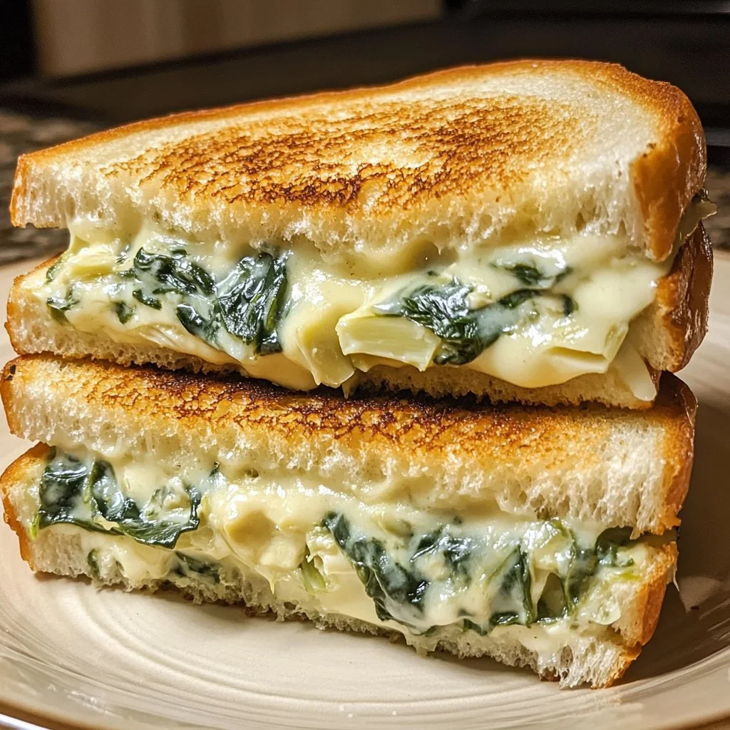 Sándwich de queso a la parrilla con espinacas y alcachofas cremosas