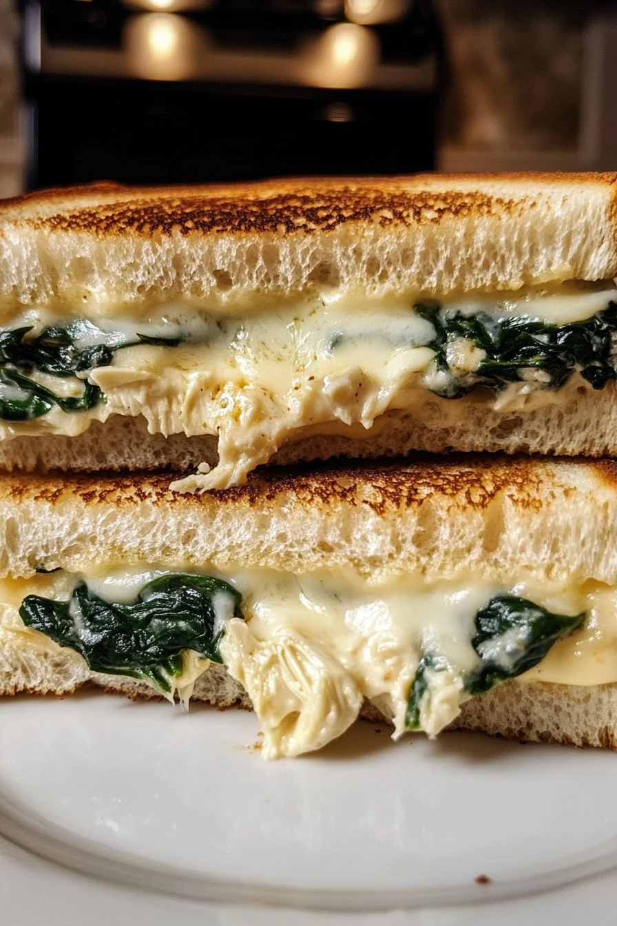 Sándwich de queso a la parrilla con espinacas y alcachofas cremosas