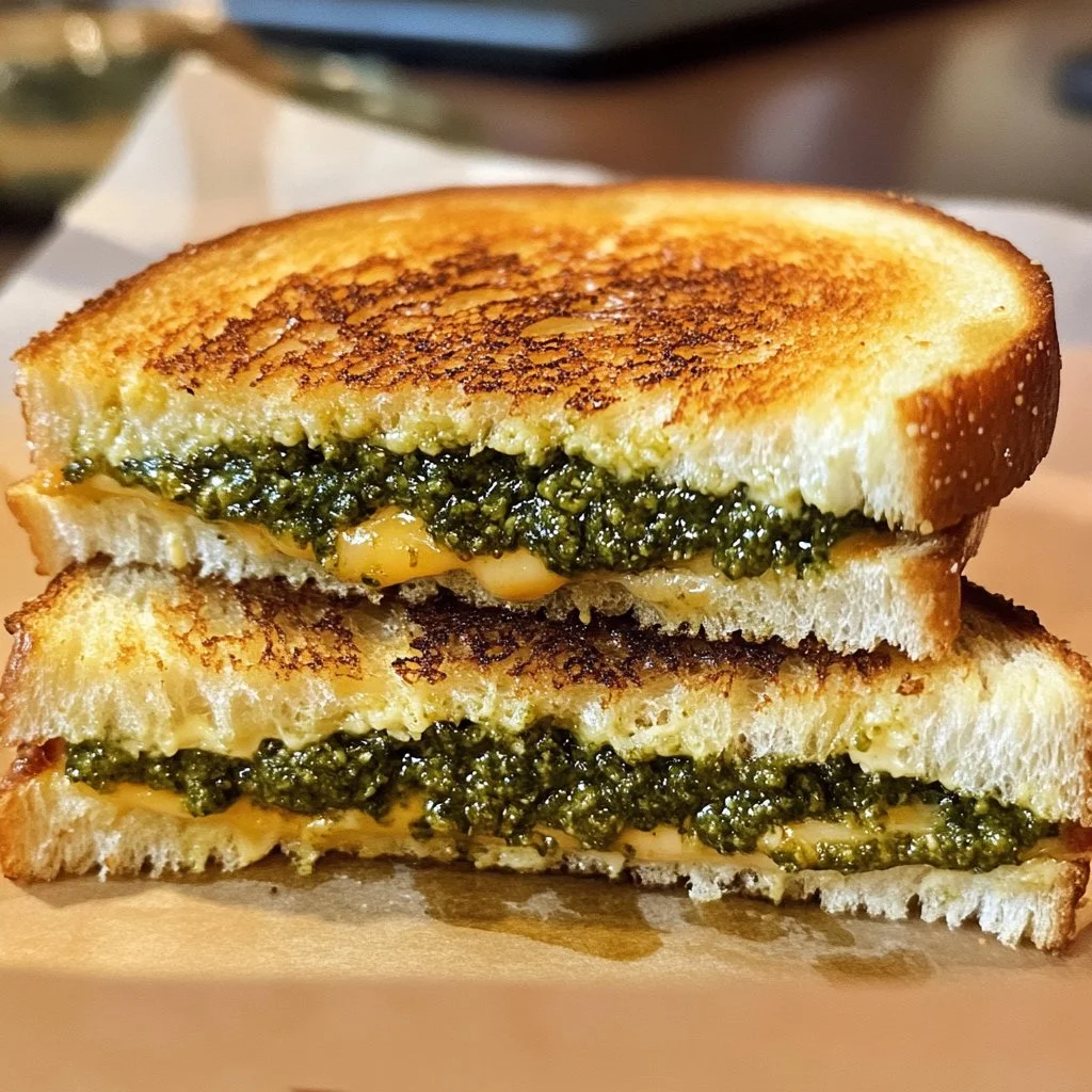 Sándwich de queso a la parrilla con pesto sobre una tabla de madera