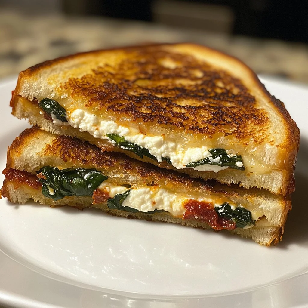 Sándwich de queso a la parrilla con tomate seco, espinacas y ricotta