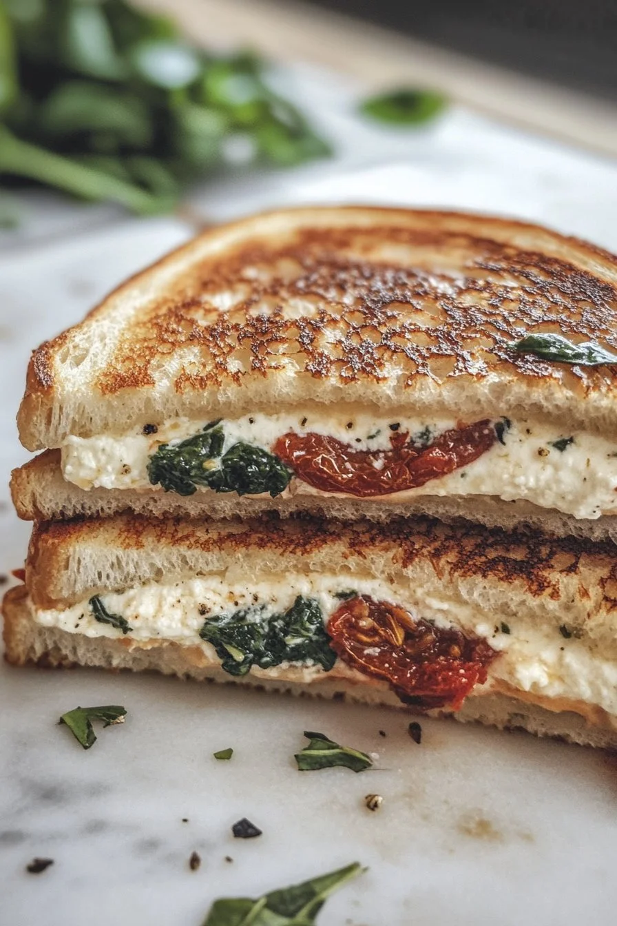Sándwich de Queso a la Parrilla con Tomate Seco al Sol, Espinacas y Ricotta