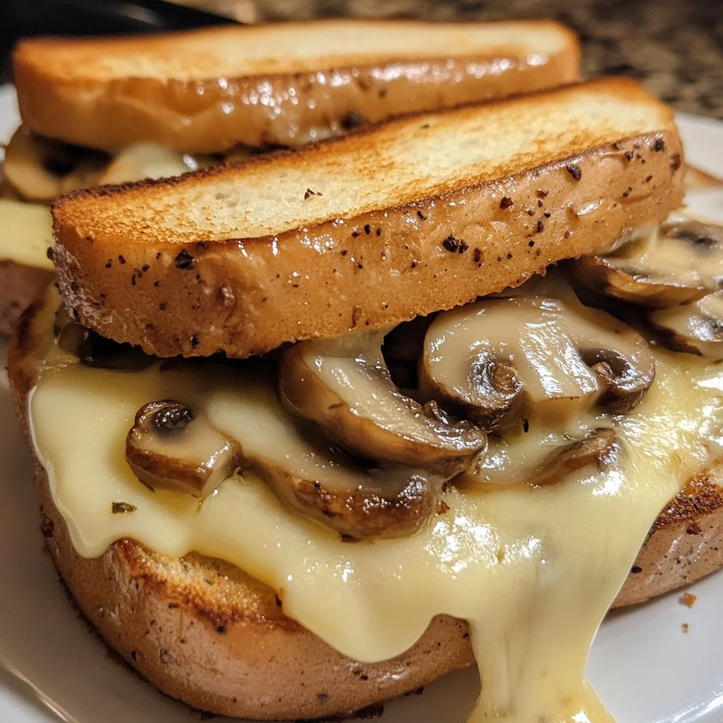 Sándwich de queso fundido con champiñones y pan crujiente.