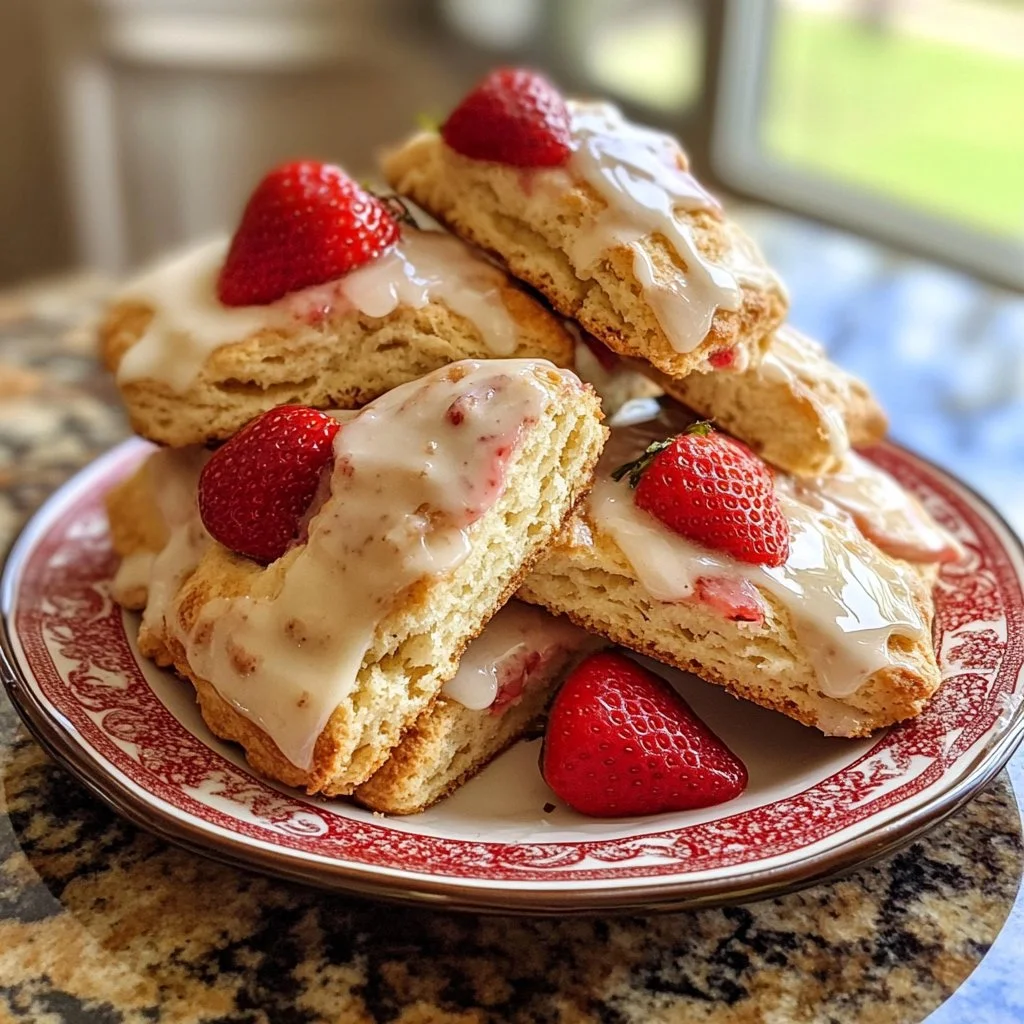 Scones de fresa fresca glaseados sobre un plato decorativo