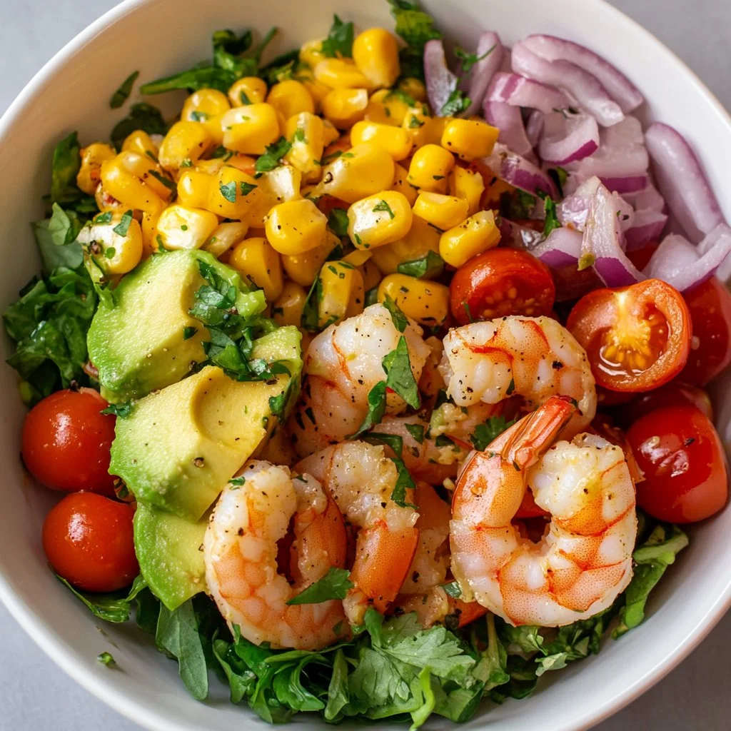 Delicious shrimp salad served with fresh greens and a tangy dressing