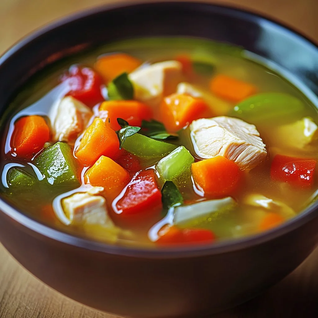 Plato de sopa de pollo antiinflamatoria con ingredientes frescos y nutritivos.