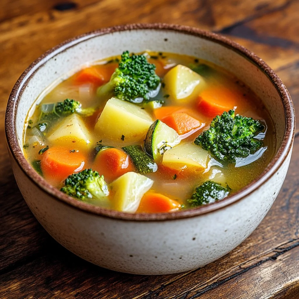 Plato de sopa de vegetales saludable y colorido.