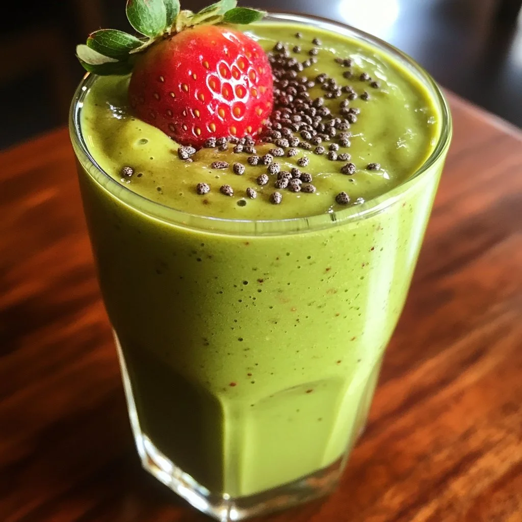 Strawberry avocado smoothie in a glass, topped with fresh strawberries