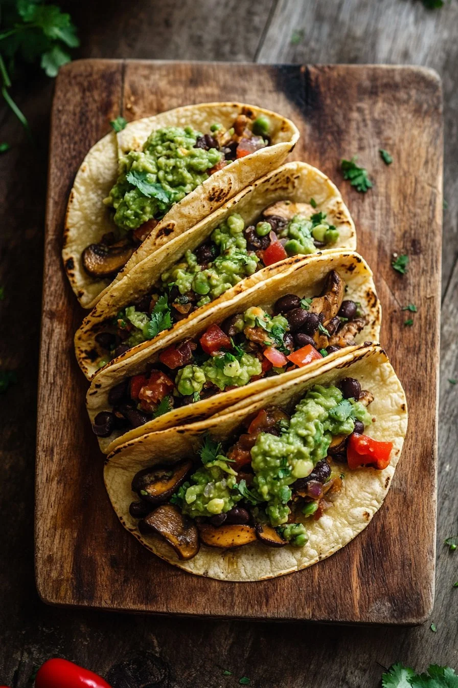Tacos Crujientes de Setas y Frijoles Negros con Guacamole de Guisantes
