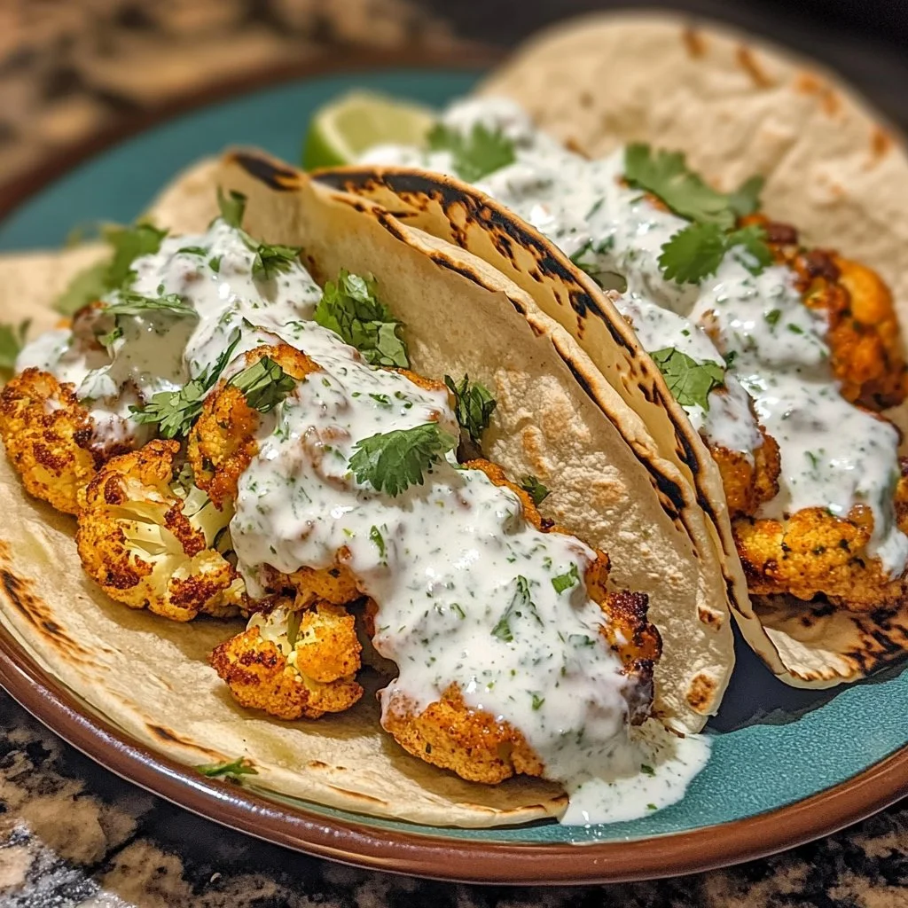 Tacos de coliflor con crema de cilantro y lima servidos en plato