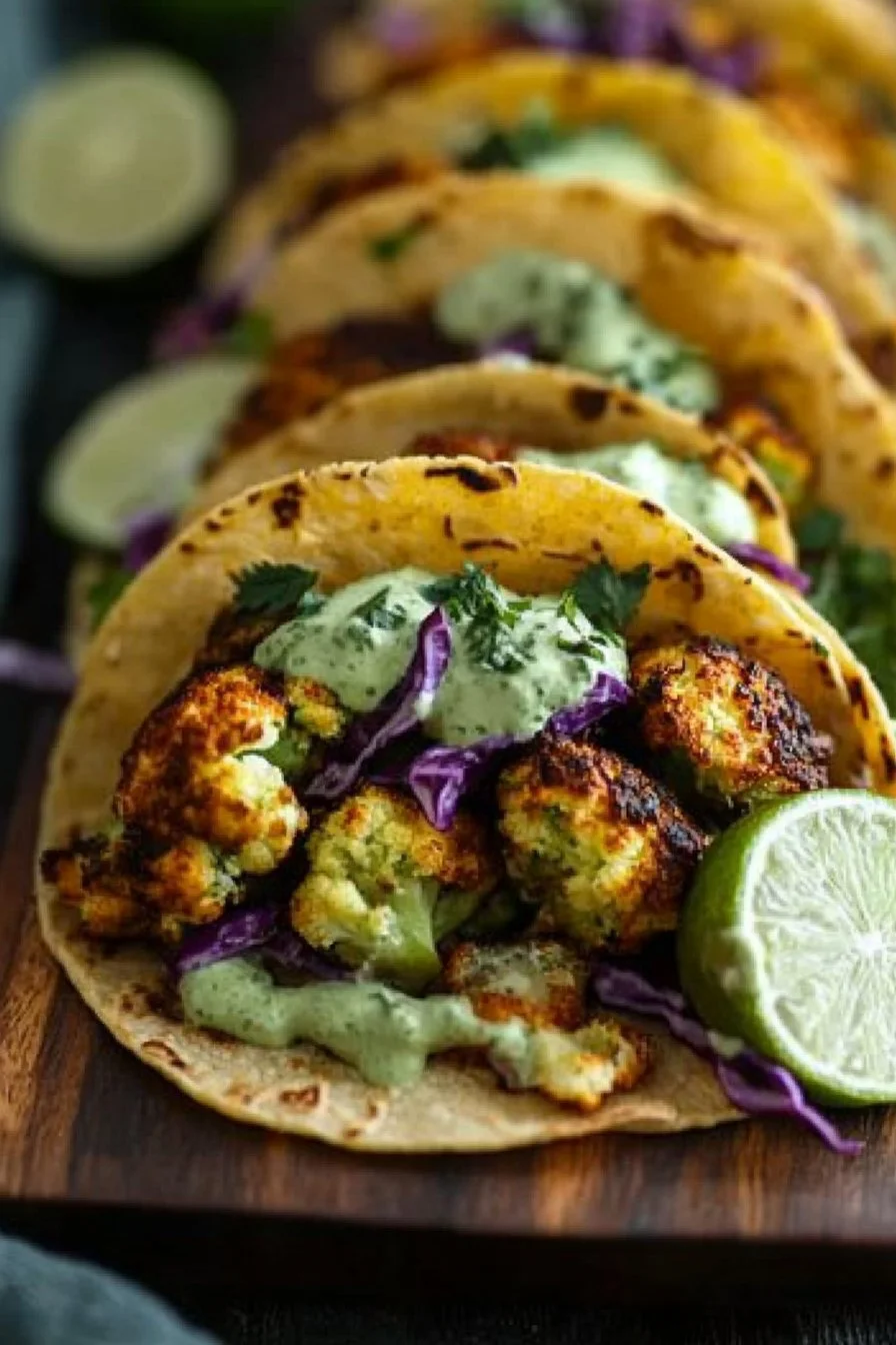 Tacos de Coliflor con Crema de Cilantro y Lima