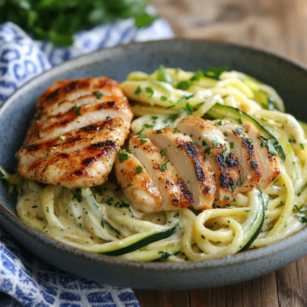Tallarines de Calabacín con Pollo Alfredo en un plato apetitoso.