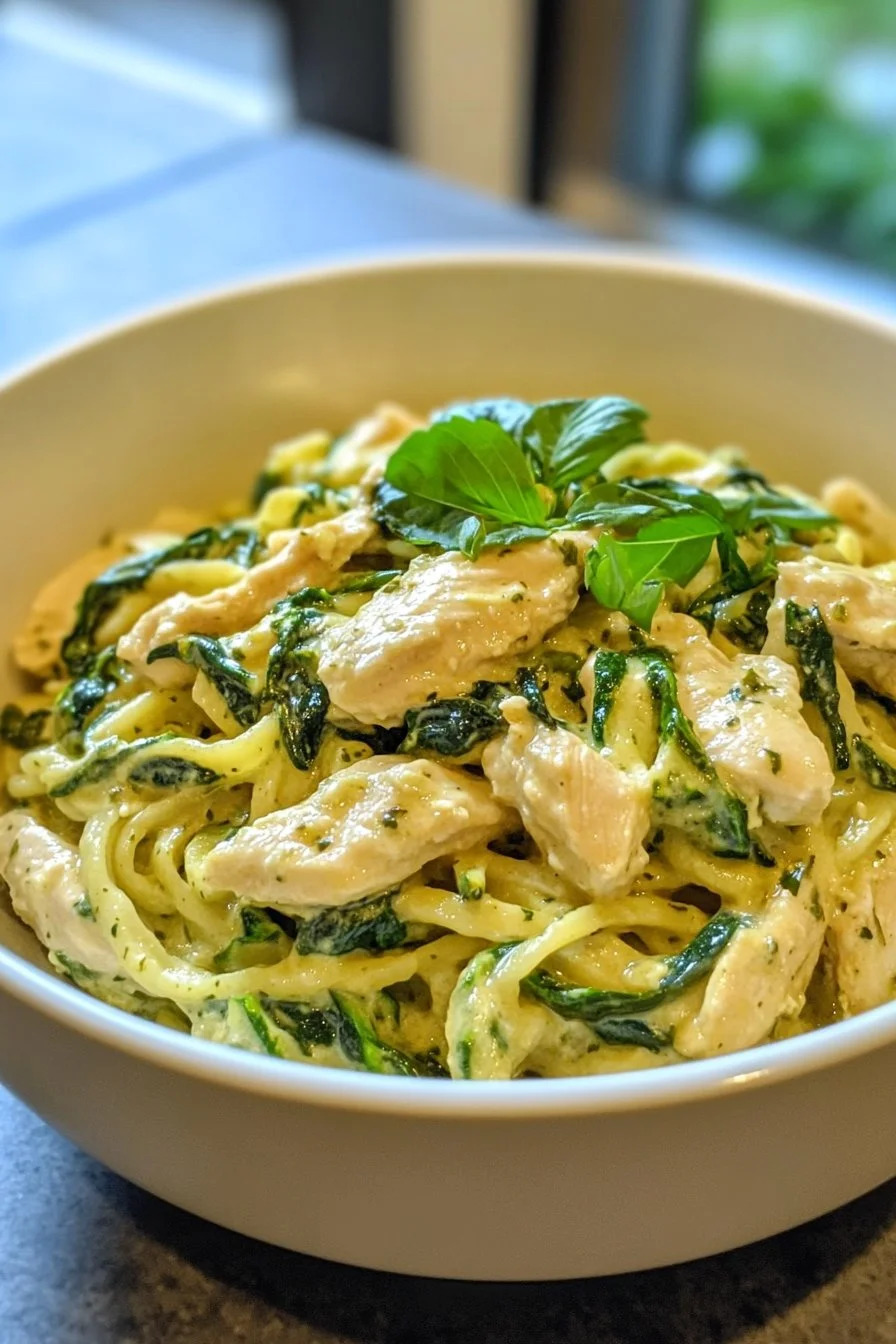 Tallarines de calabacín con pollo Alfredo
