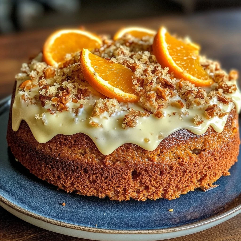 Tarta saludable de zanahoria y naranja con decoración de frutas.