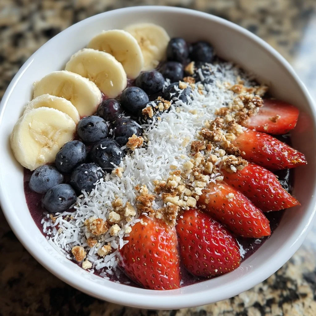 Tazón de acai casero con frutas y granola.