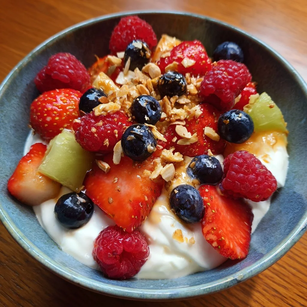 Tazón de batido de frutas con yogur griego preparado en 5 minutos