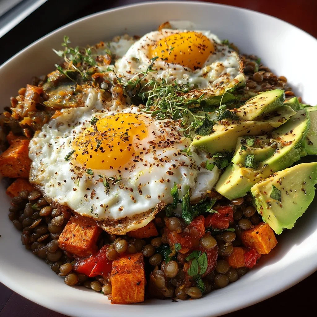 Tazón de desayuno salado de lentejas con ingredientes frescos y coloridos.