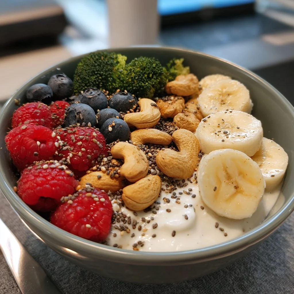 Tazón de Superalimentos de Yogur Griego Vegano con frutas y semillas saludables