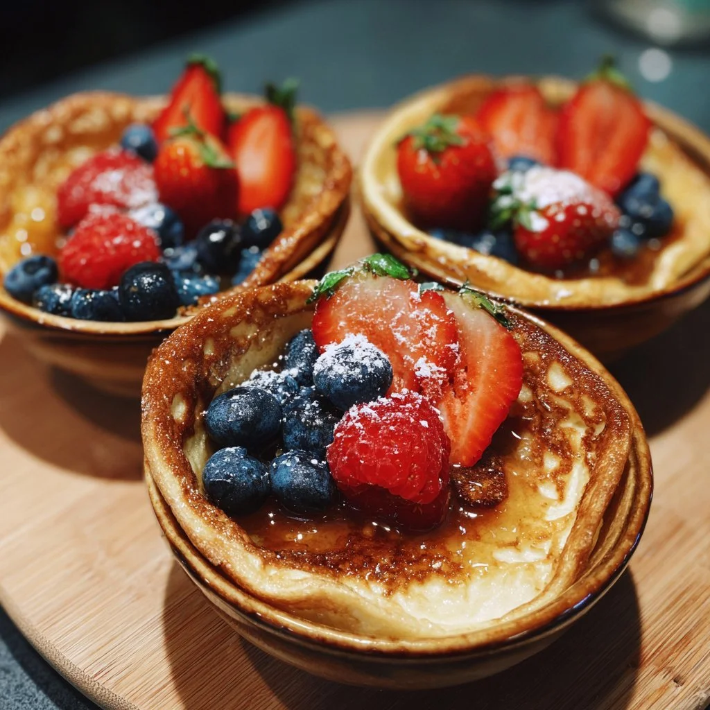 Tazón de pancakes de proteína al horno con frutas y sirope