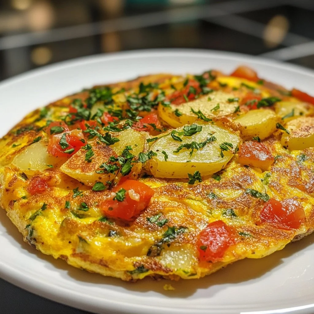 Tortilla de Papa Express cocinada en una sartén con ingredientes frescos.