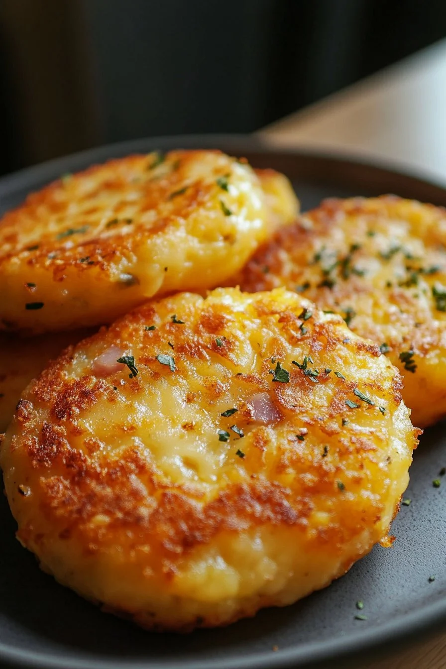 Tortitas de papa con queso y jamón.