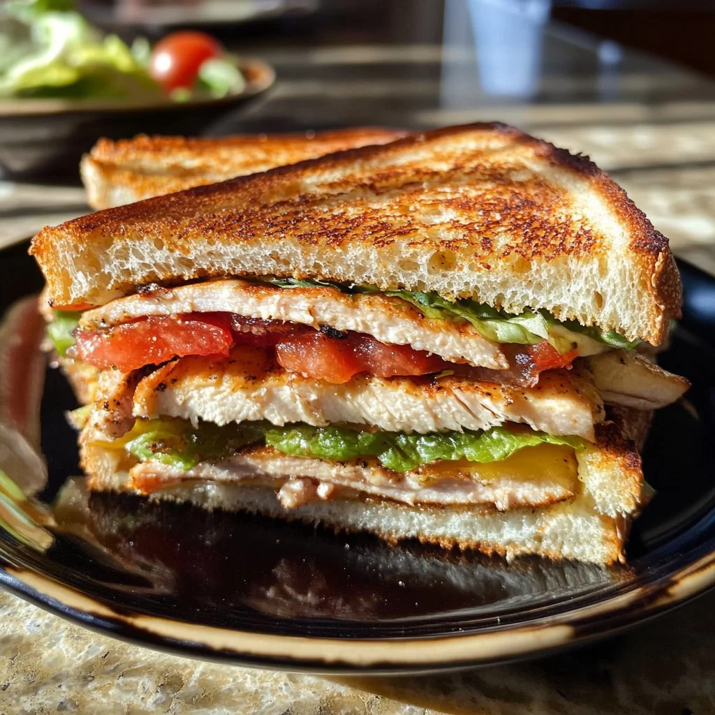 A delicious Turkey Club Sandwich with turkey, bacon, lettuce, and tomato stacked on toasted bread.