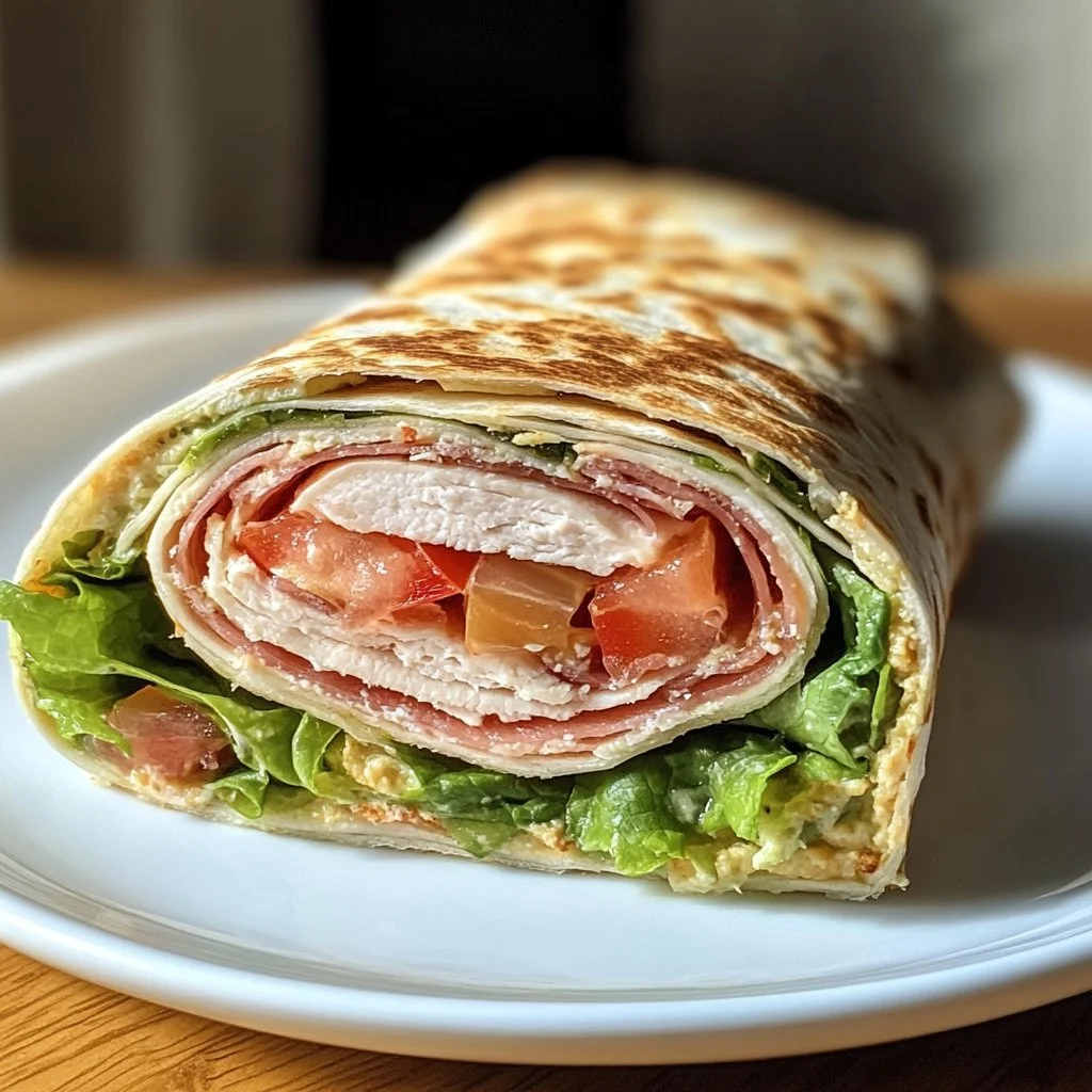 Delicious Turkey Club Wrap made with turkey, bacon, lettuce, and tomato