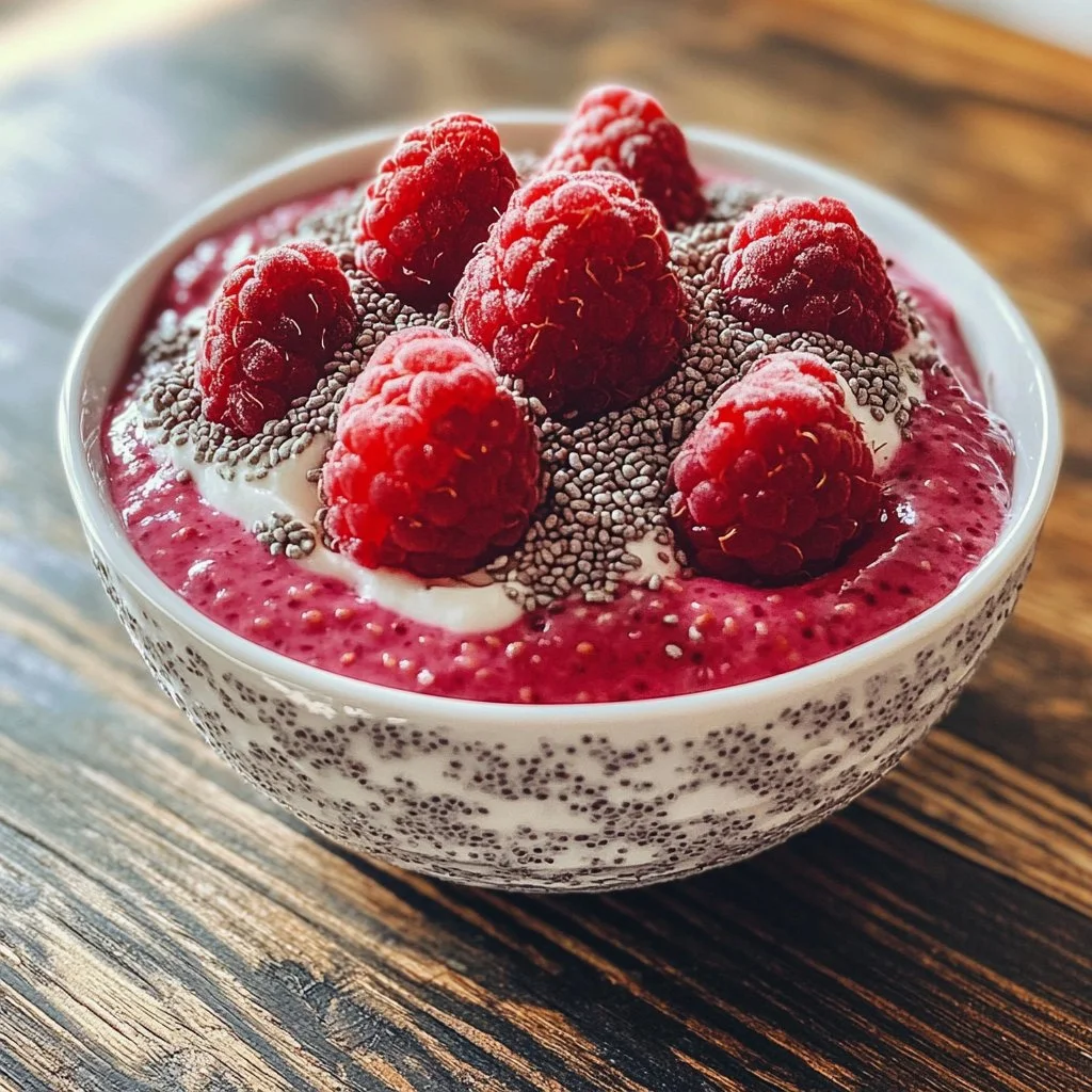 Vanilla Raspberry Chia Pudding topped with fresh raspberries and mint leaves