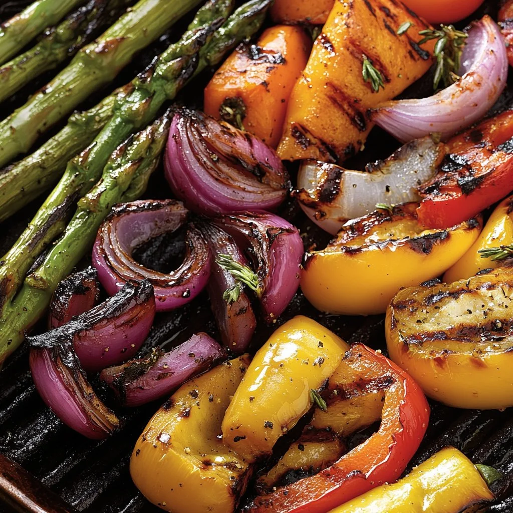 Verduras a la parrilla marinadas en una bandeja lista para servir.
