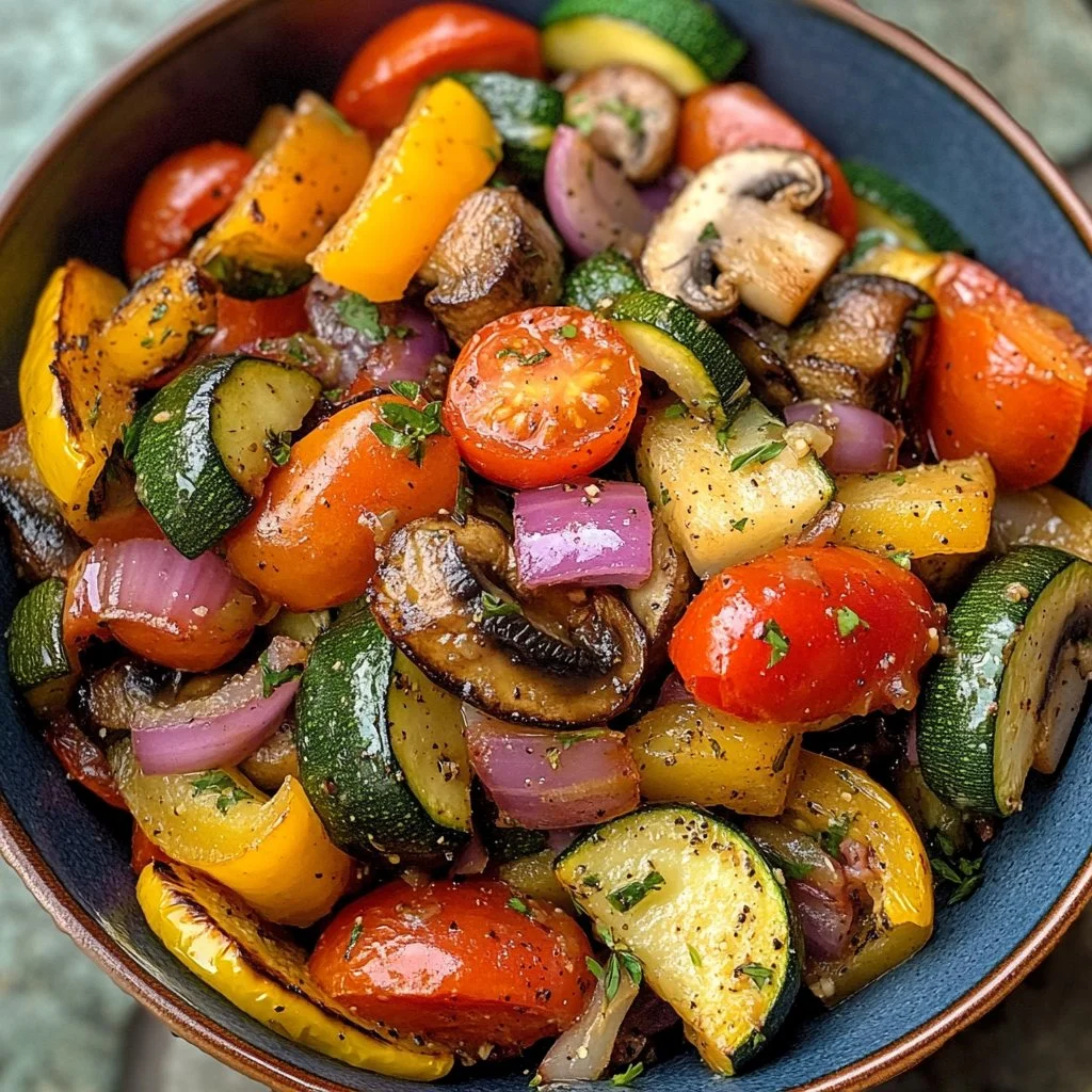 Plato de verduras salteadas del Mediterráneo colorido y atractivo