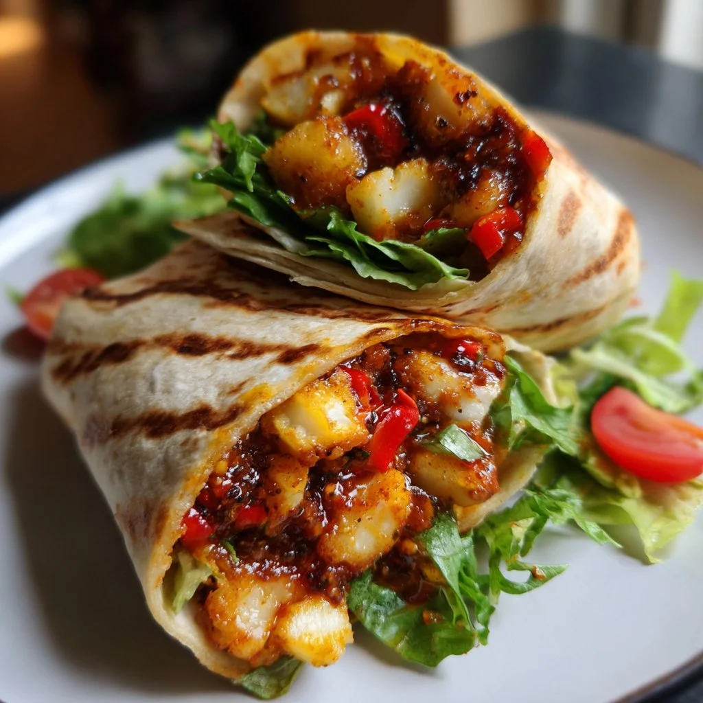 Wraps de halloumi con salsa dulce de chile servidos en un plato atractivo.