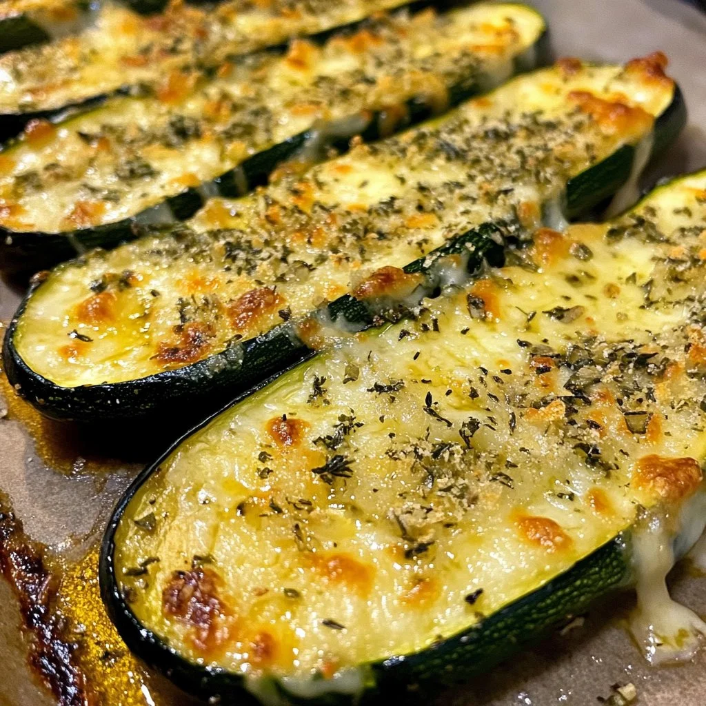 Delicious zucchini steaks topped with garlic and cheese on a plate.