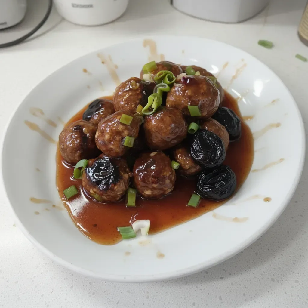 Albóndigas coreanas con glaseado de ciruelas servidas en un plato