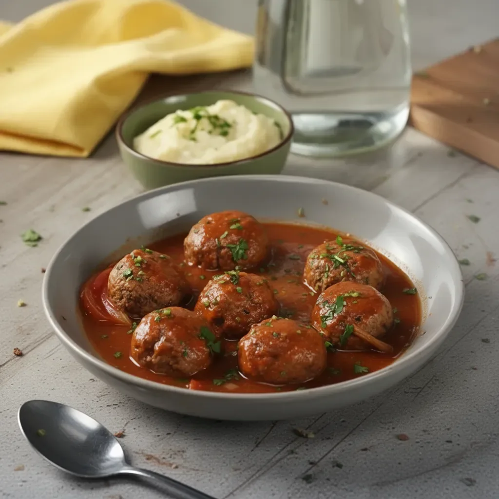 Plato de albóndigas de carne en su jugo servido con salsa y guarniciones.