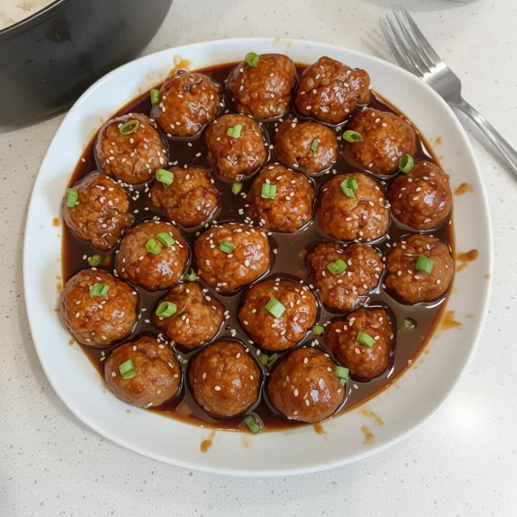 Plato de albóndigas glaseadas asiáticas sobre arroz con salsa