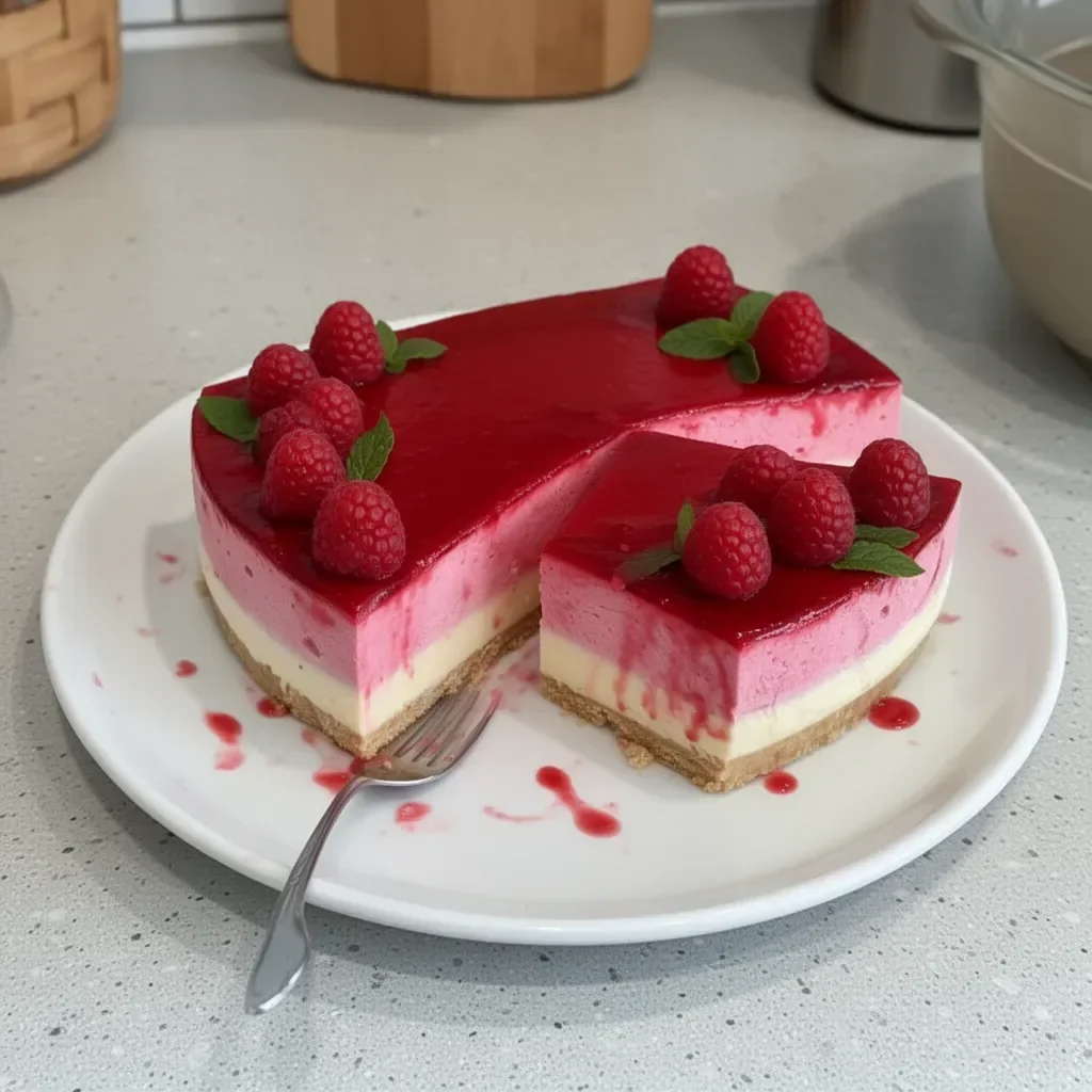 Bavarois de frambuesas y chocolate blanco en un plato decorativo