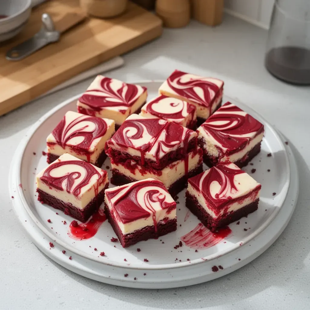 Brownies de cheesecake de red velvet en un plato decorativo
