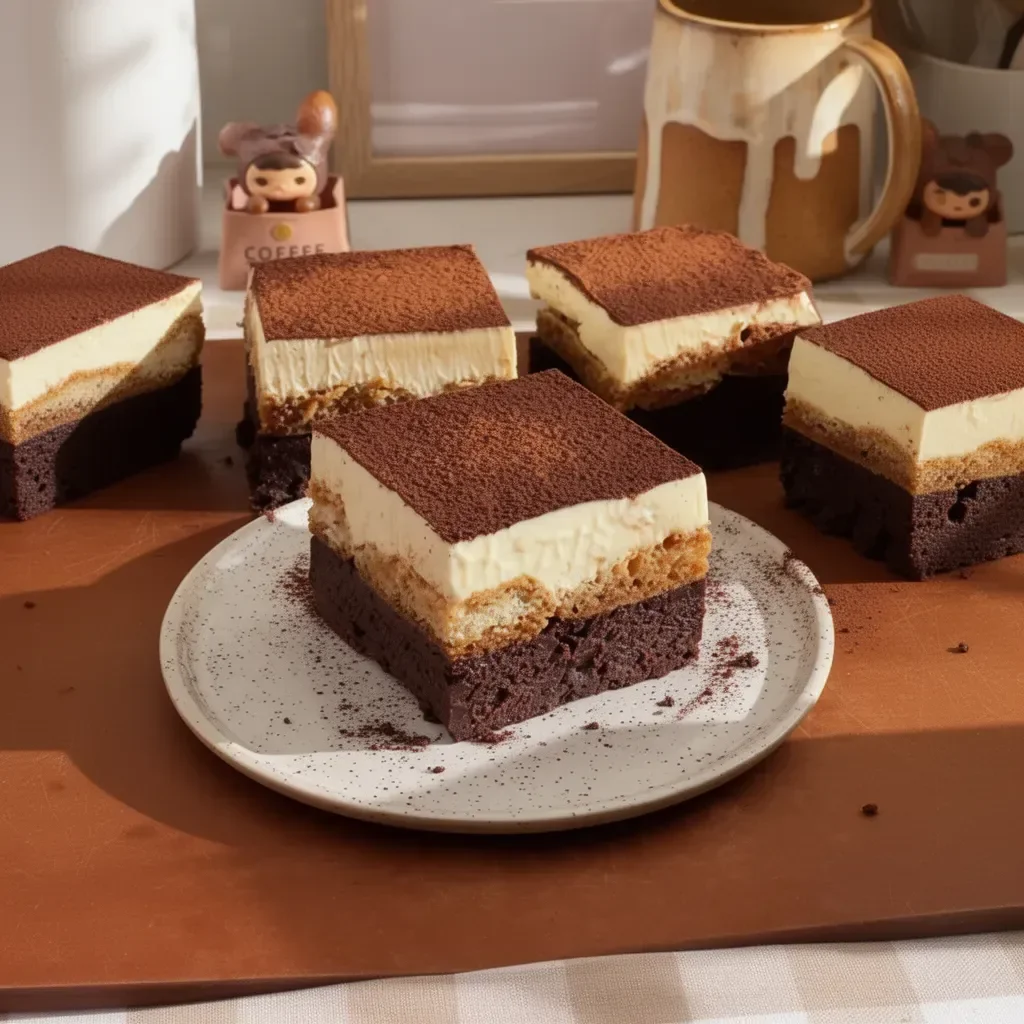 Deliciosos brownies de tiramisú con café y crema, un postre irresistible.