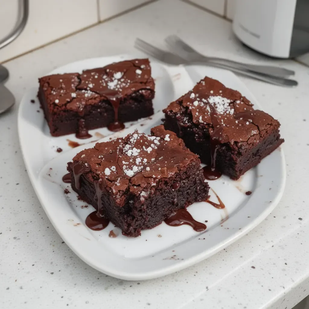 Brownies de yogur griego recién horneados sobre una mesa de madera.