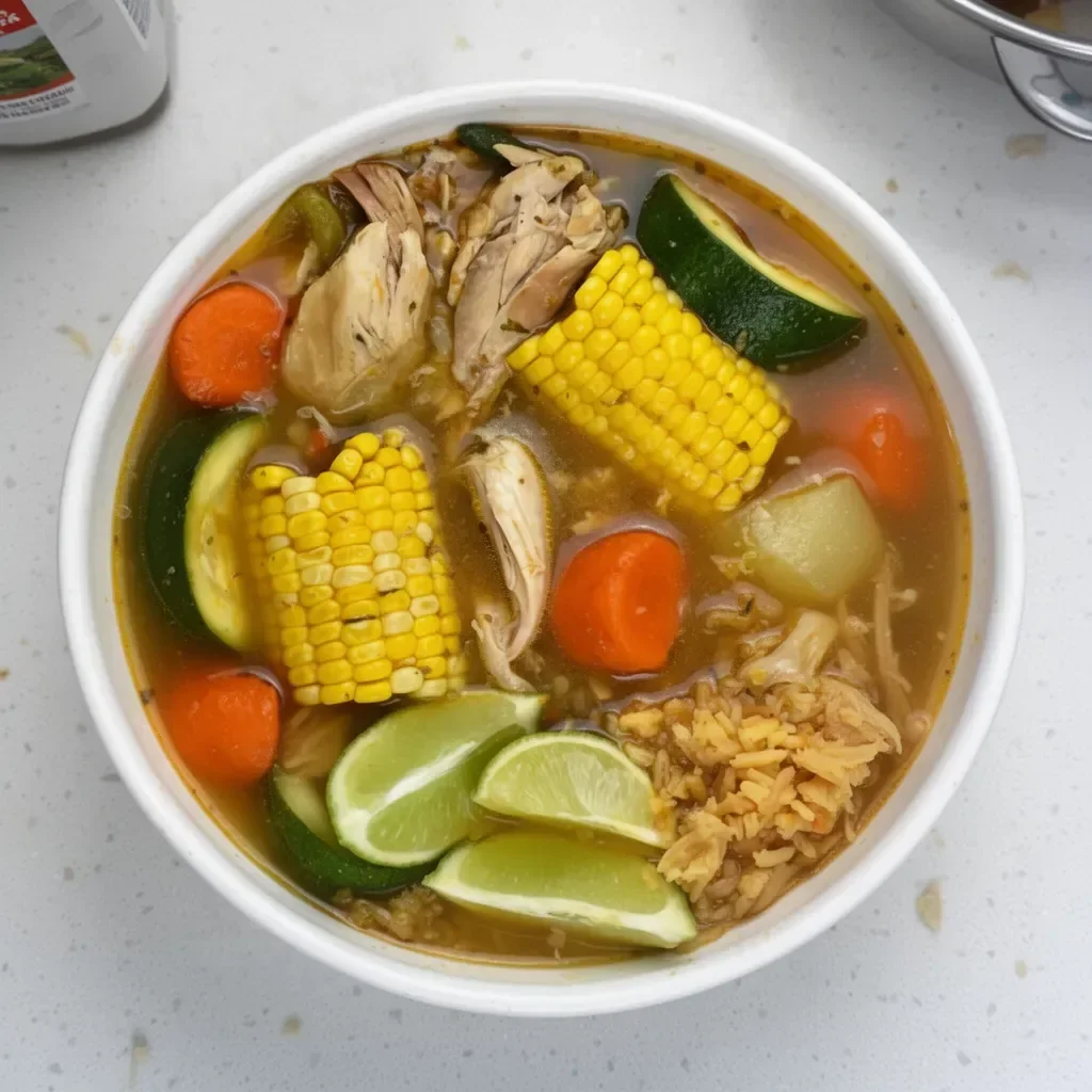 Plato delicioso de caldo de pollo con verduras frescas y hierbas aromáticas.
