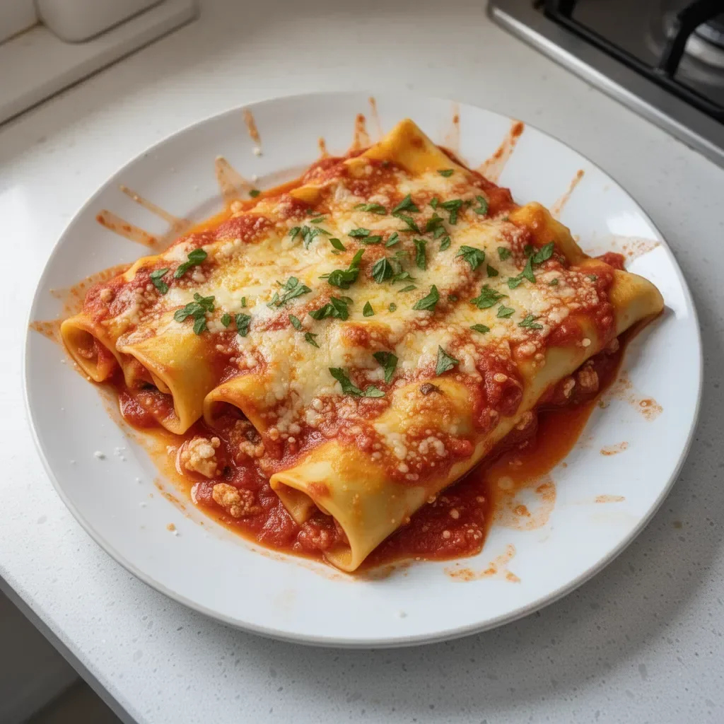 Cannelloni a la siciliana con salsa de tomate y queso gratinado