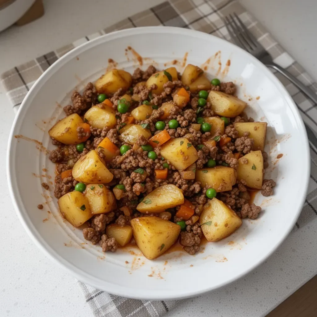 Plato de carne picada con patatas doradas y especias.
