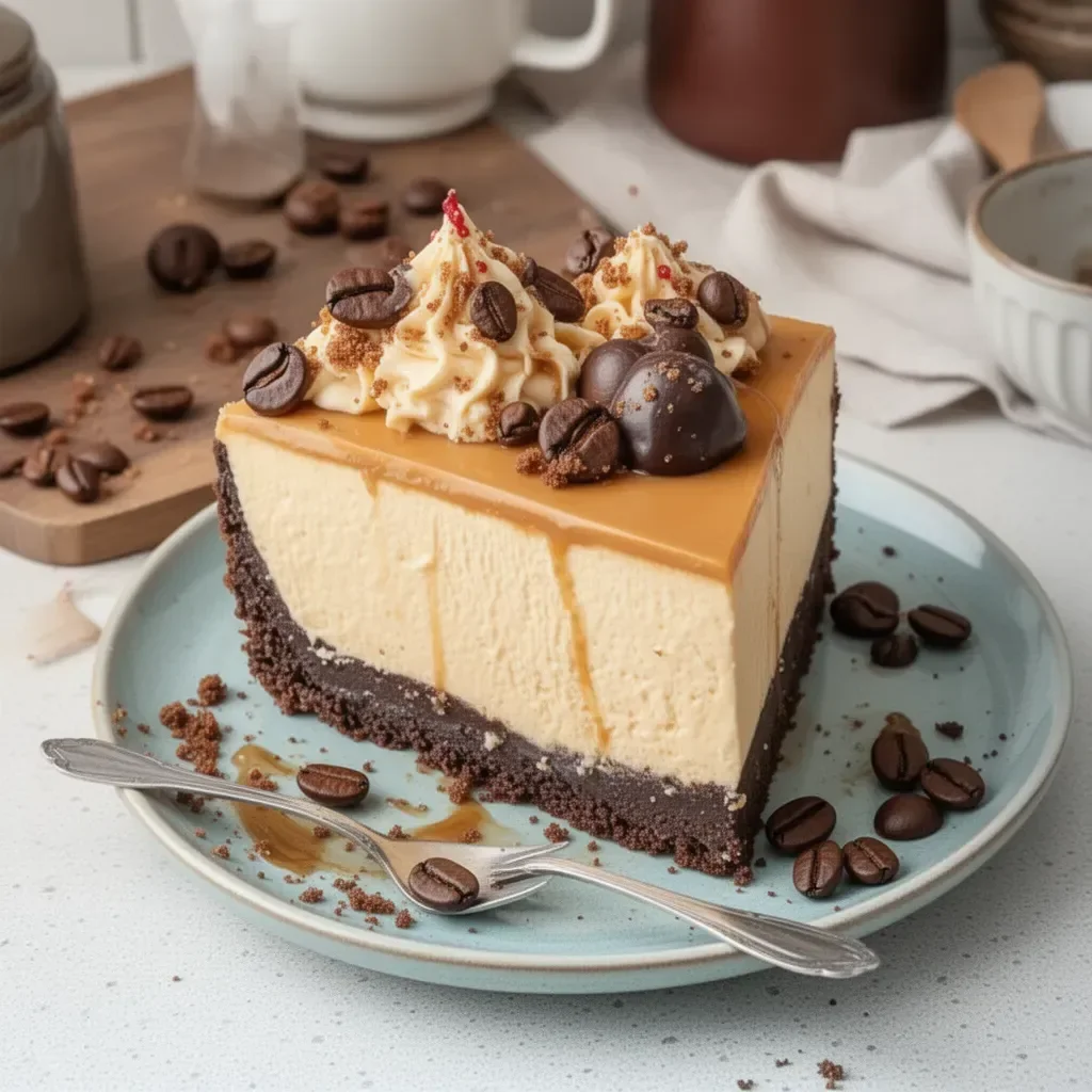 Cheesecake de café decadente con cobertura de chocolate