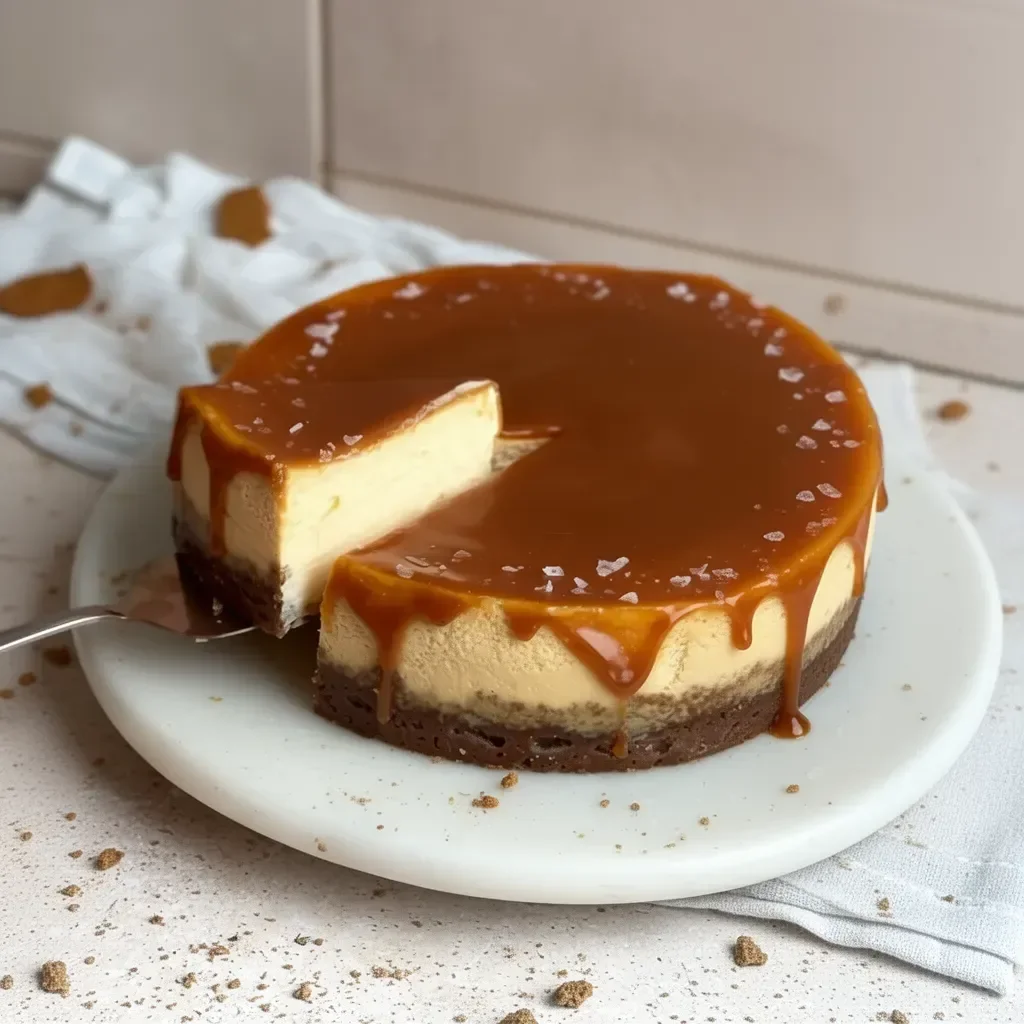 Cheesecake de caramelo salado decorado con salsa de caramelo y sal marina